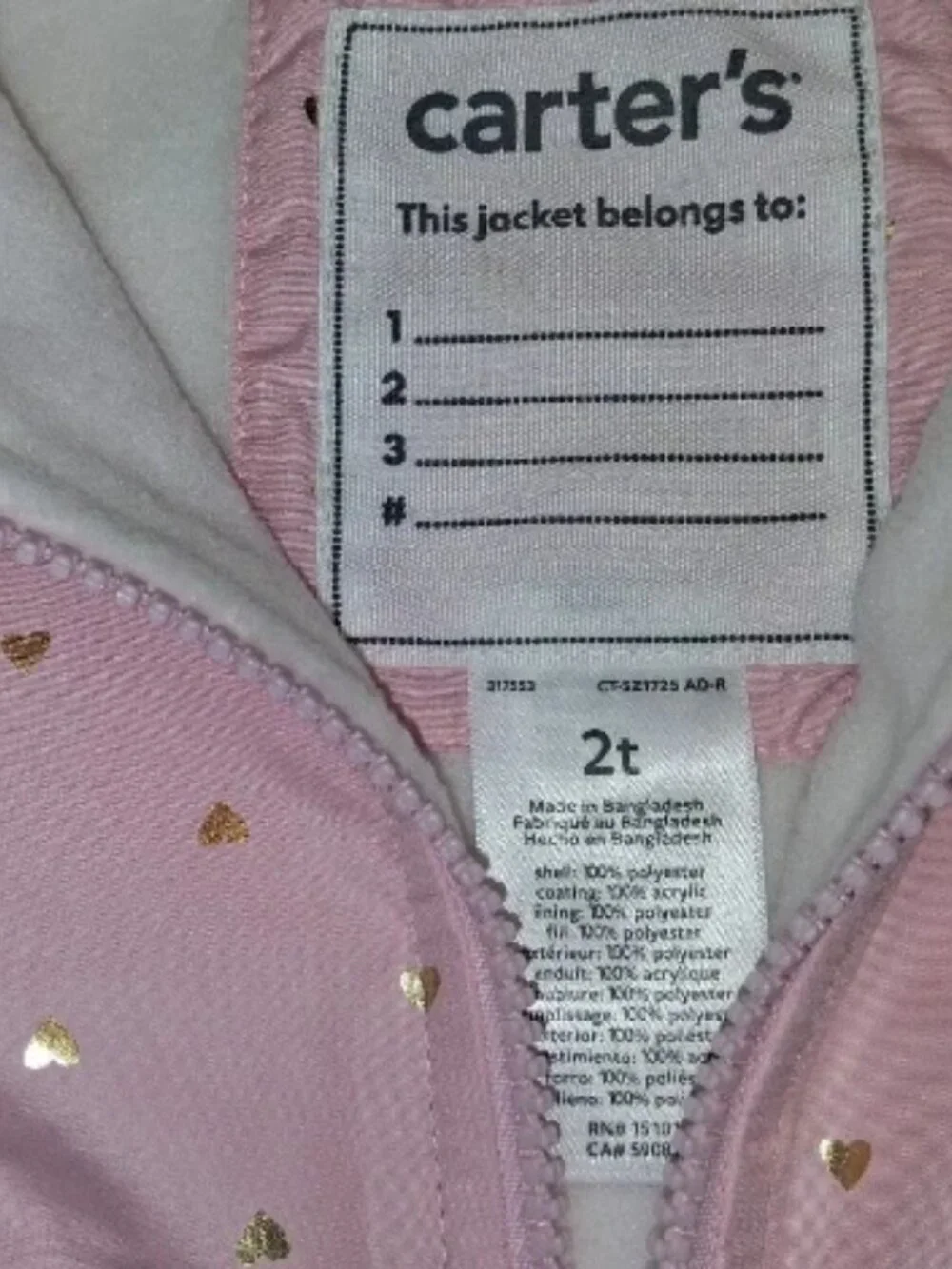Carter's light pink hooded girl jacket with hearts size 2t